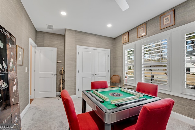 game room with carpet floors, recessed lighting, visible vents, and baseboards