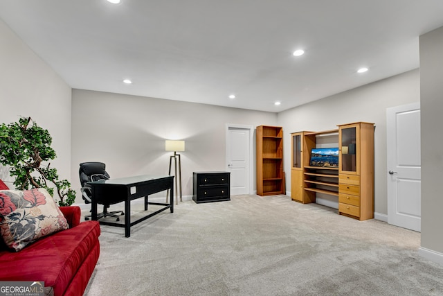 carpeted office featuring baseboards and recessed lighting