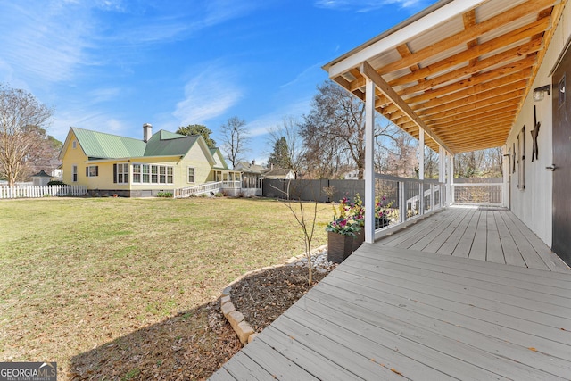 deck with a lawn and a fenced backyard