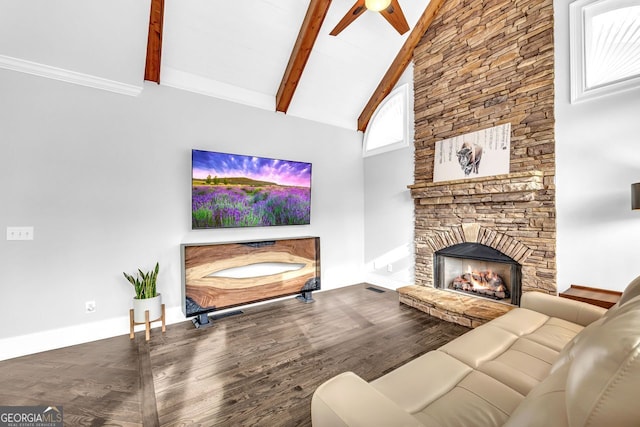 living room with beamed ceiling, a fireplace, high vaulted ceiling, and wood finished floors