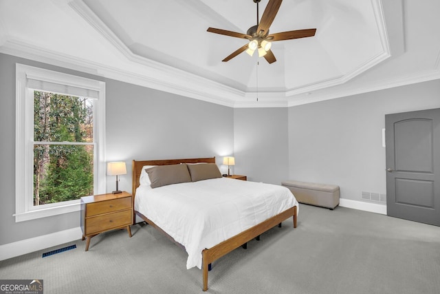 bedroom featuring visible vents, carpet floors, and a raised ceiling