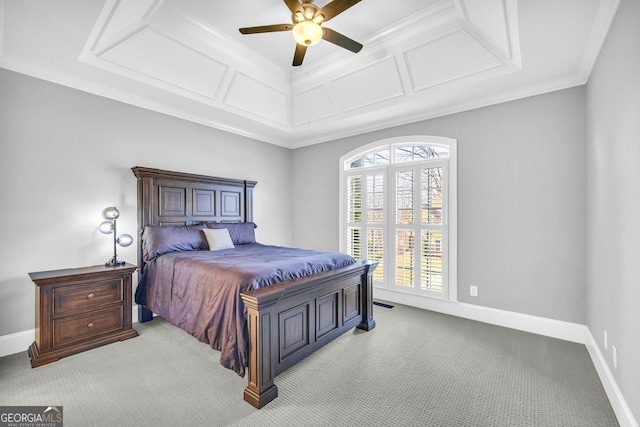 carpeted bedroom with baseboards, coffered ceiling, ceiling fan, and crown molding