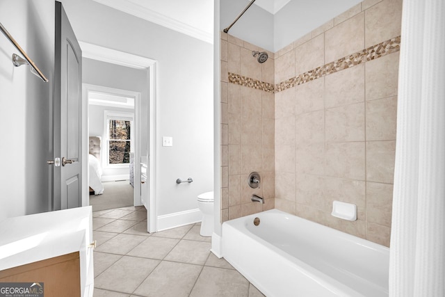 full bathroom with crown molding, baseboards, toilet, tile patterned floors, and shower / bathtub combination with curtain