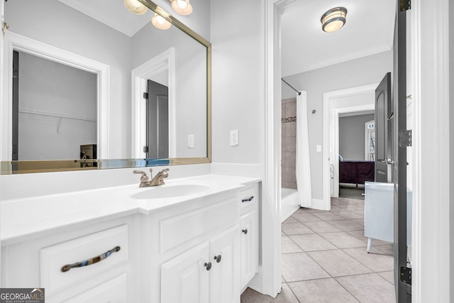 full bathroom with tile patterned flooring, vanity, and  shower combination