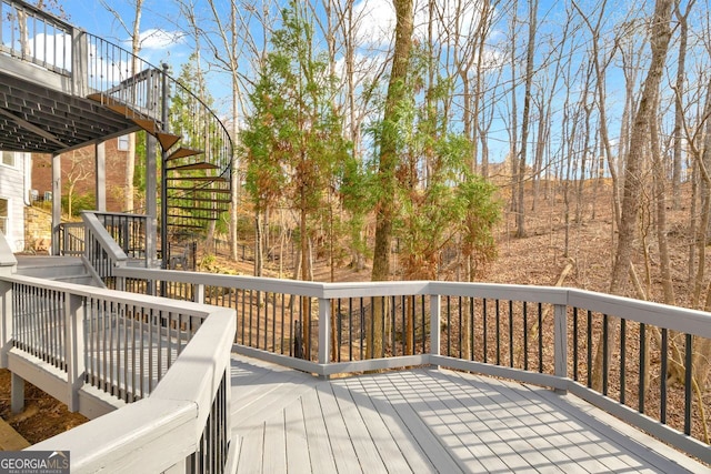 wooden terrace featuring stairway