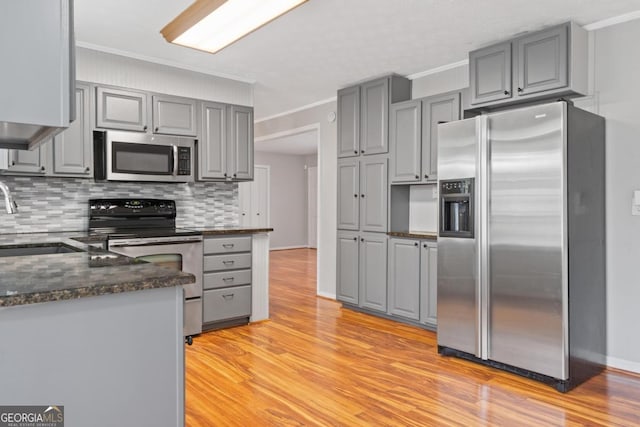 kitchen with gray cabinetry, a sink, light wood finished floors, appliances with stainless steel finishes, and tasteful backsplash