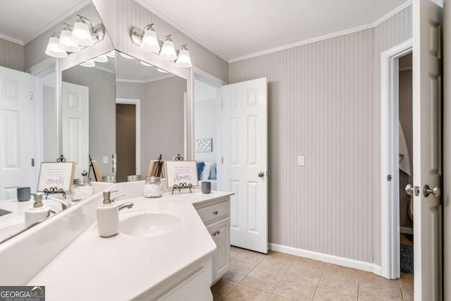 full bath with wallpapered walls, baseboards, tile patterned floors, crown molding, and vanity