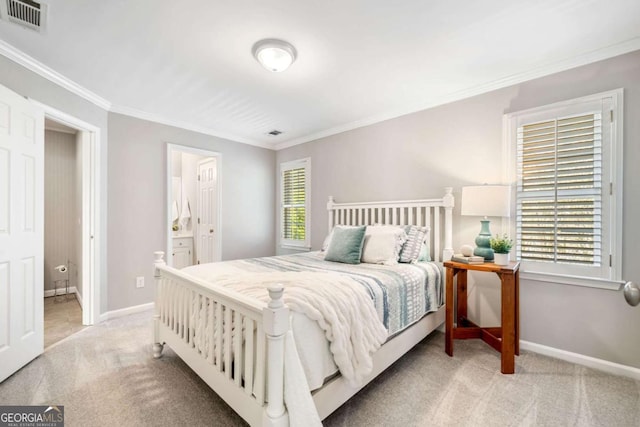 bedroom featuring baseboards, crown molding, visible vents, and light colored carpet