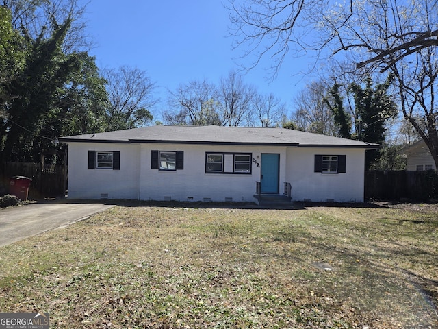 single story home featuring crawl space, fence, a front lawn, and brick siding