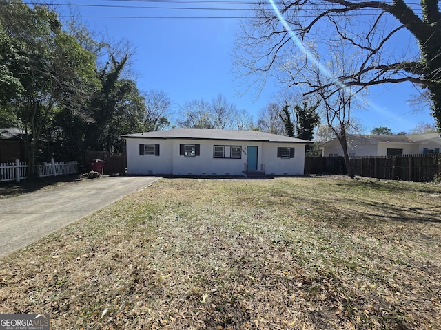 single story home with a front yard, crawl space, and fence