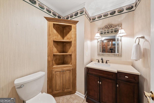 half bathroom featuring toilet, wallpapered walls, tile patterned flooring, and vanity