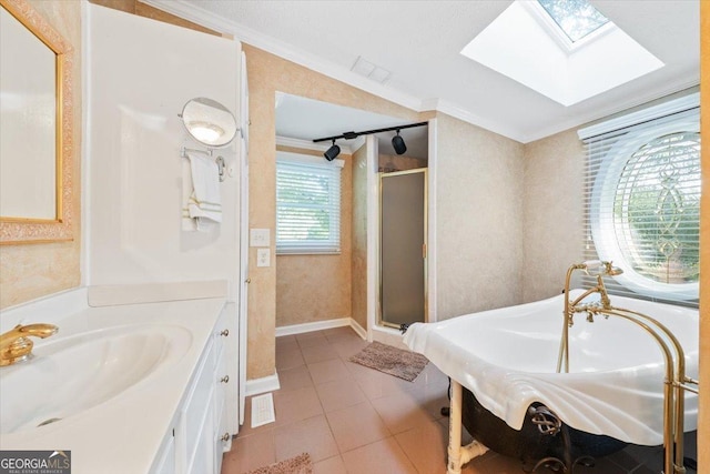 full bathroom featuring tile patterned flooring, a skylight, vanity, ornamental molding, and a shower stall