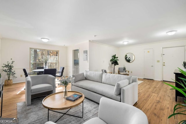 living room with baseboards, light wood finished floors, and ornamental molding