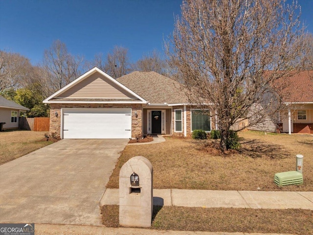 ranch-style home featuring concrete driveway, an attached garage, fence, stone siding, and a front lawn