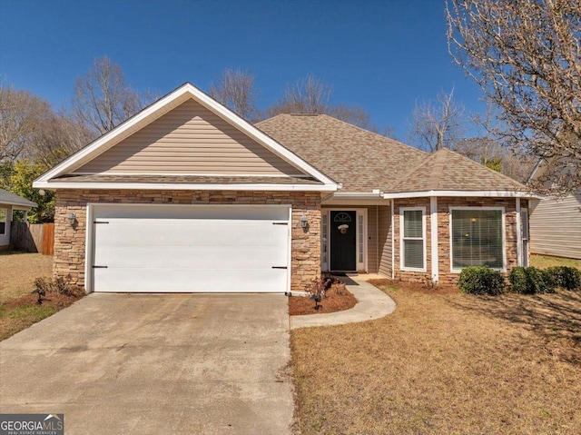 single story home featuring a garage, concrete driveway, roof with shingles, and stone siding