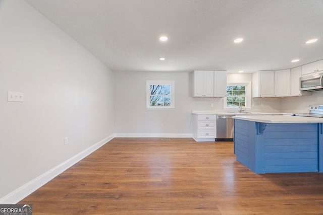 kitchen with stainless steel appliances, wood finished floors, light countertops, and baseboards