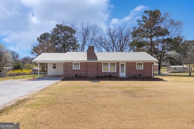 single story home featuring driveway, crawl space, a chimney, and fence