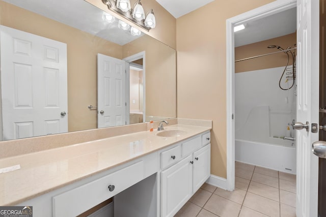 bathroom with shower / bathing tub combination, vanity, baseboards, and tile patterned floors