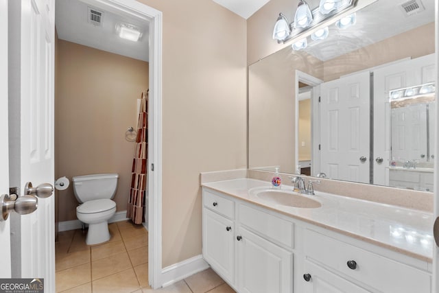 full bath with visible vents, vanity, toilet, and tile patterned floors