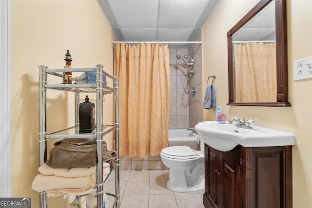 bathroom with toilet, shower / bath combo, vanity, and tile patterned floors