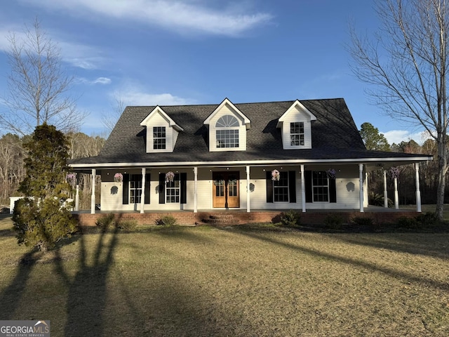 view of front facade featuring covered porch and a front lawn