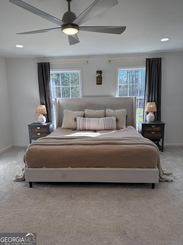 bedroom featuring recessed lighting, carpet flooring, a ceiling fan, and baseboards