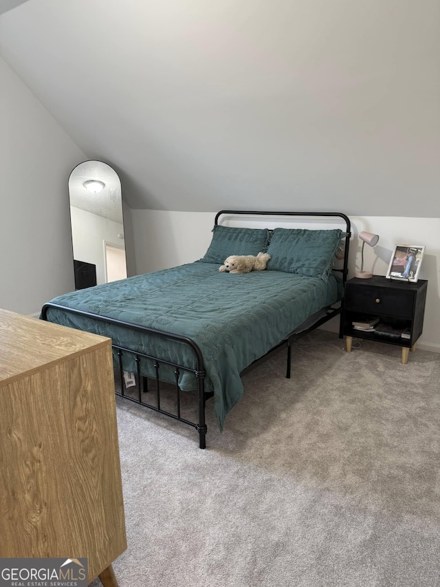 bedroom featuring lofted ceiling and carpet flooring