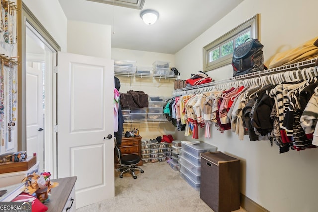 walk in closet with carpet