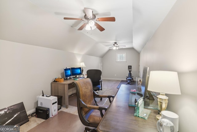 office area featuring lofted ceiling, baseboards, ceiling fan, and carpet floors