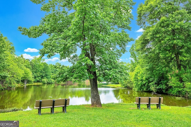view of property's community with a water view, a forest view, and a lawn