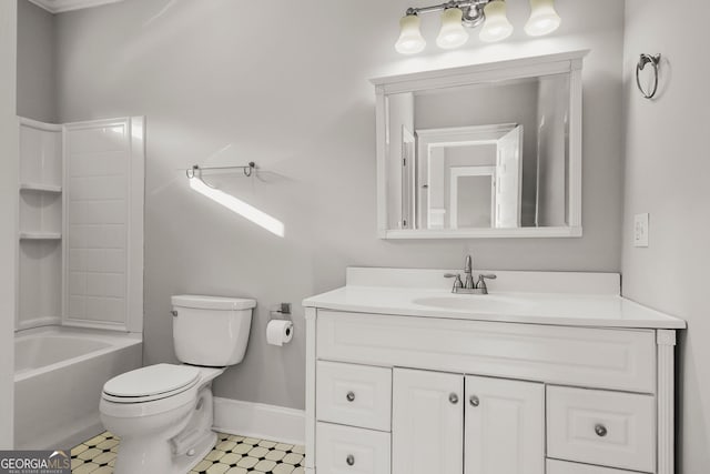 full bathroom with tile patterned floors, baseboards, toilet, and vanity