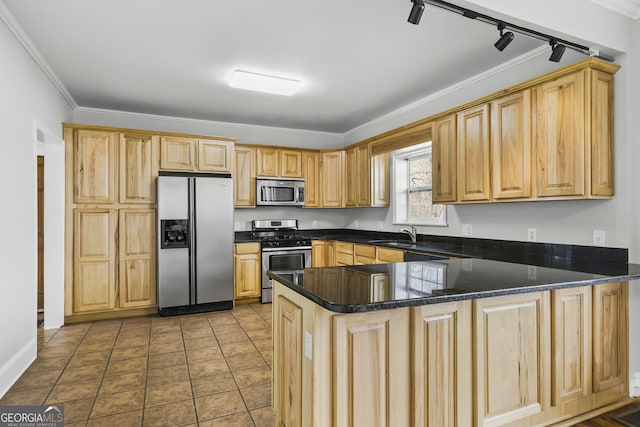 kitchen with ornamental molding, a peninsula, tile patterned floors, stainless steel appliances, and a sink