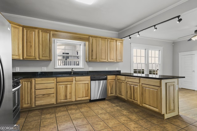 kitchen featuring ornamental molding, a sink, dark countertops, stainless steel appliances, and a peninsula