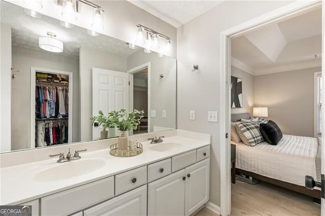 ensuite bathroom featuring double vanity, wood finished floors, a sink, and connected bathroom