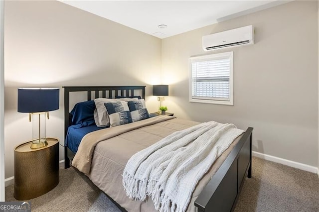 carpeted bedroom featuring baseboards and an AC wall unit