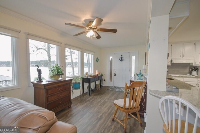 living room with crown molding, a ceiling fan, and dark wood-style flooring