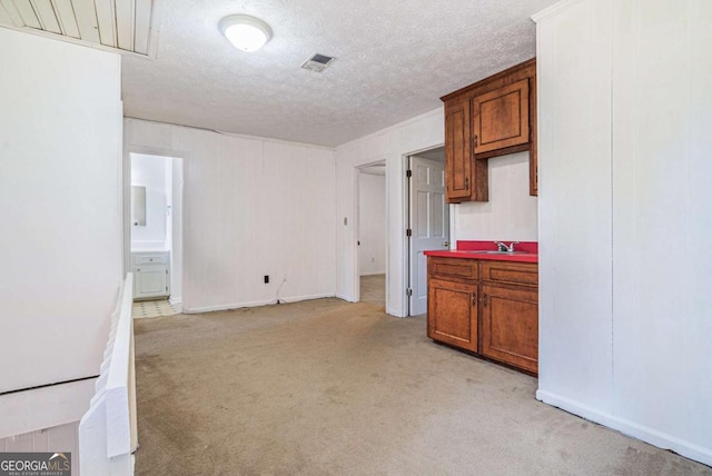 kitchen with baseboards, a sink, a textured ceiling, light carpet, and brown cabinets