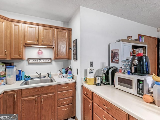 2643 Rocky Creek Rd, Hampton, GA 30228 - kitchen with white microwave, light countertops, brown cabinetry, a textured ceiling, and a sink