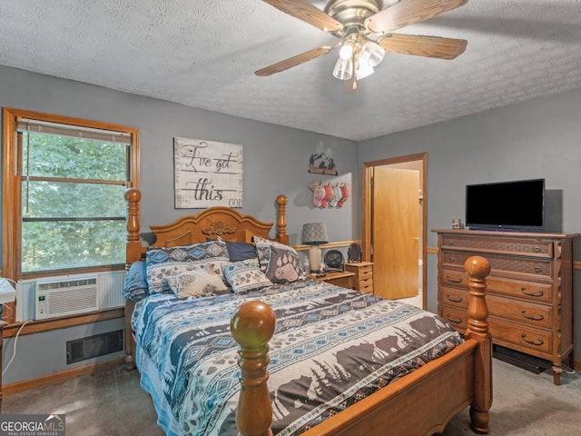 2643 Rocky Creek Rd, Hampton, GA 30228 - bedroom featuring cooling unit, a ceiling fan, visible vents, a textured ceiling, and carpet flooring