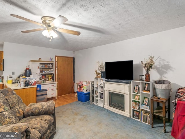 2643 Rocky Creek Rd, Hampton, GA 30228 - living area with a glass covered fireplace, a ceiling fan, carpet floors, and a textured ceiling