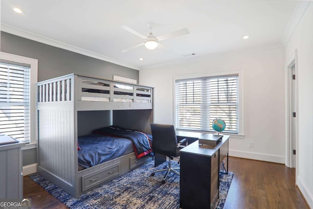 bedroom with a ceiling fan, wood finished floors, baseboards, recessed lighting, and ornamental molding