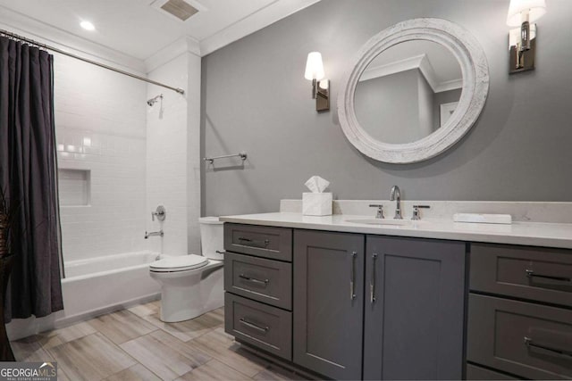 full bathroom with vanity, visible vents, ornamental molding, shower / bath combination with curtain, and toilet