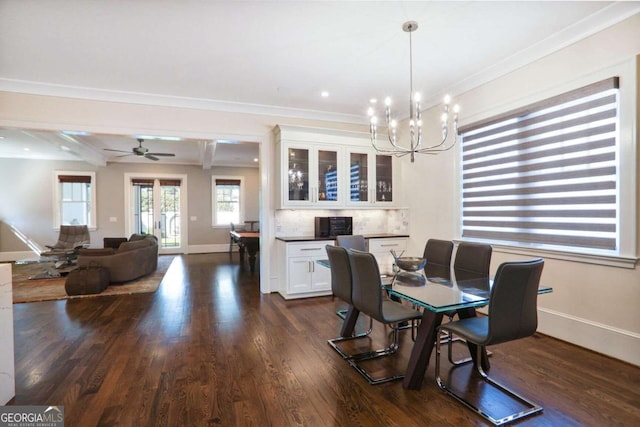 dining area featuring recessed lighting, dark wood-type flooring, baseboards, and ornamental molding