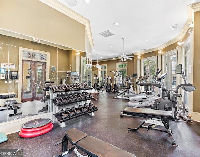 gym featuring visible vents, ornamental molding, and french doors