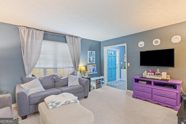 living area featuring carpet flooring, a textured ceiling, and baseboards