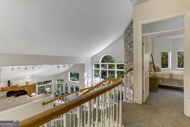 hallway featuring an upstairs landing, rail lighting, high vaulted ceiling, and carpet floors