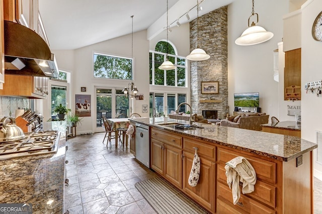 kitchen featuring ventilation hood, dark stone counters, stainless steel appliances, a stone fireplace, and a sink