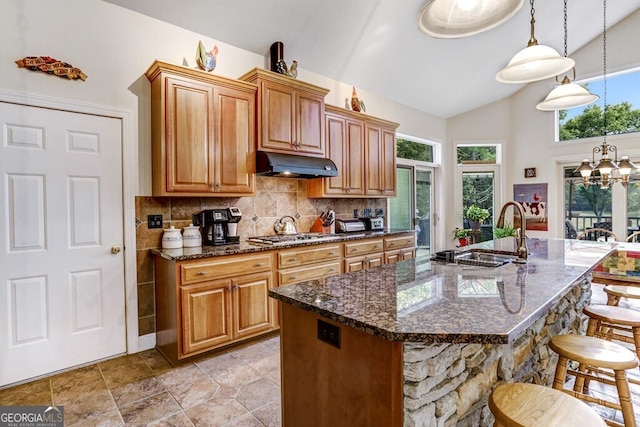 kitchen with a notable chandelier, under cabinet range hood, a sink, a kitchen breakfast bar, and stainless steel gas stovetop