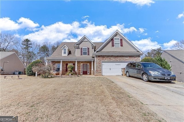 view of front of property with concrete driveway, a porch, and stone siding