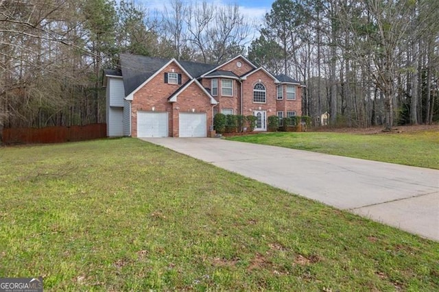 view of front of home featuring concrete driveway, brick siding, and a front yard